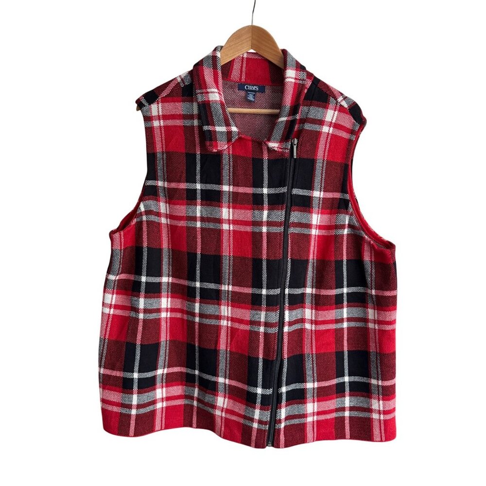 Chaps Womens Red Black Plaid Sleeveless Zip Vest Size 2X 100% Cotton Collared